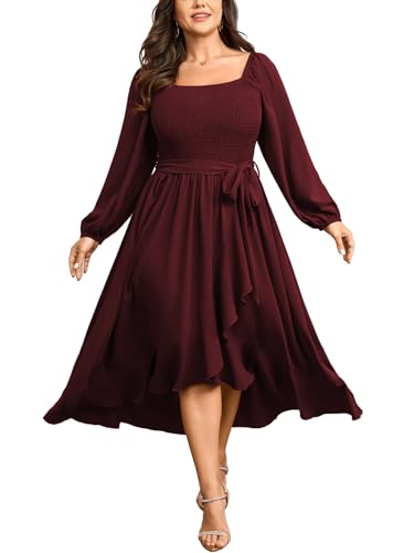 SCOMCHIC Women Plus Size Maxi Dress Fall Long Sleeve Wedding Guest Smocked High Low Ruffle Cocktail Dress with Belted
