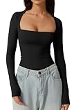 QINSEN Women's Square Neck T Shirt Slim Fit Long Sleeve Going Out Tops Stretchy Basic Tees Black S