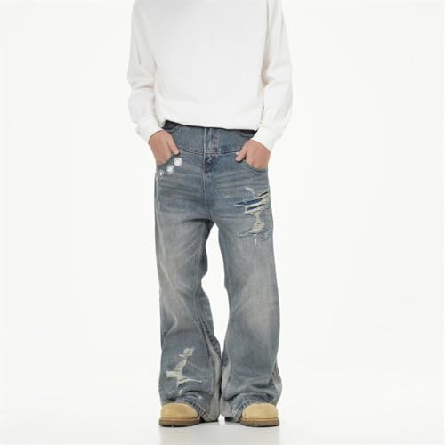 Men's 2025 Y2K Fashion, Washed Blue Baggy Ripped Jeans, Vintage 90s Gothic Lady Denim Trousers2
