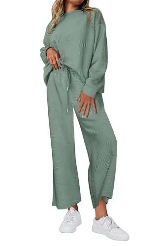 PRETTYGARDEN Womens 2025 Fall 2 Piece Outfits Long Sleeve Pullover Tops Wide Leg Pants Matching Lounge Sets Fashion Clothing