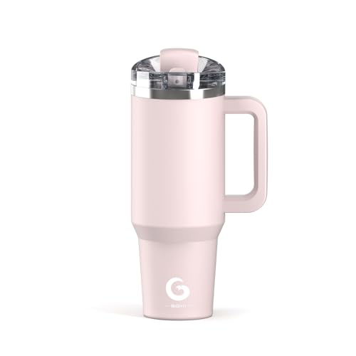 BIGRD Gourde Mug Isotherme avec Paille et Bouchon Anti-gouttes 1.2L,Tasse Isotherme pour Café étanche en acier inox,Gobelet Sans BPA,Rose