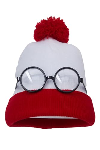 Gorro de punto rojo y blanco contra el frío con gafas para disfraces del Día del Libro