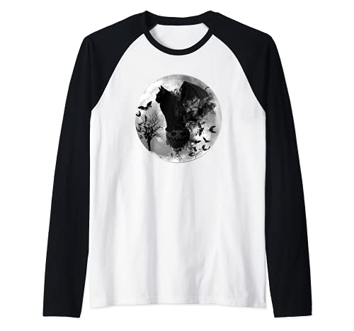 Gothic Batcat Black Cat Halloween Full Moon Spooky Bats Maglia con Maniche Raglan
