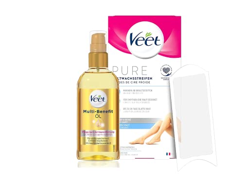 Veet Haarentfernungs-Duo - PURE Kaltwachssteifen Körper und Beine 20 Stück und Multi-Benefit Öl 100 ml – Haarentfernung + Pflegen und Wachsreste entfernen​