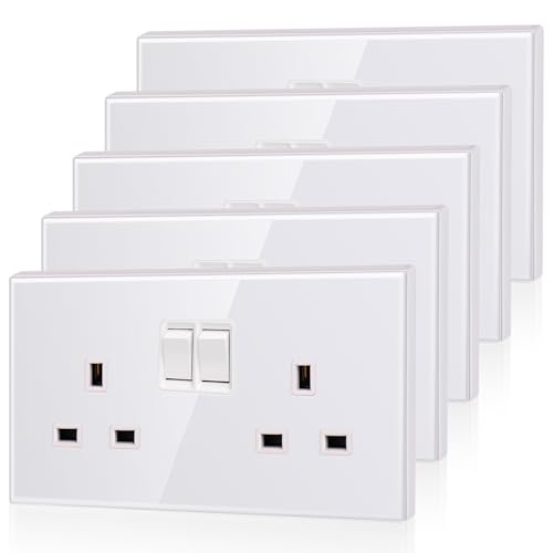 5 Pack CNBINGO Glass Double Switched Power Socket, Electric Power Sockets 2 Gang 13 Amp, White Double Wall Outlet with Tempered Glass Panel