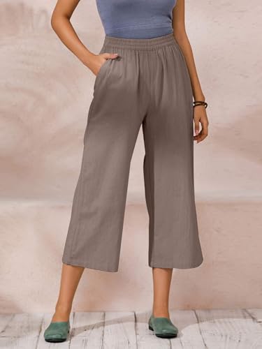 Image of ECUPPER Womens Cotton Cropped Pants Loose Fit Wide Leg Trousers | Casual, Plus Size, Elastic Waist, Capri, 100% Cotton, Slant Pockets, High Rise Waist, Lounge Pants