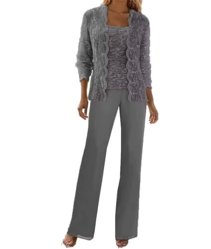Image of 3 Pieces Chiffon Lace Mother of The Bride Pant Suits with Jackets Sequins Wedding Guest Dresses for Women