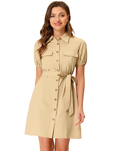 Allegra K Women's Safari Dress Collared Short Sleeve Cotton Belted Button Down Shirt Dresses Large Khaki