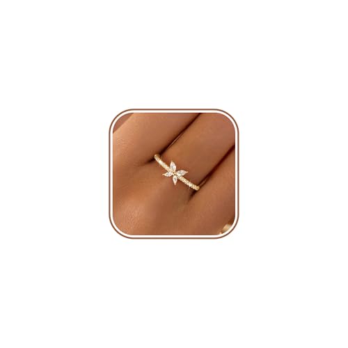 LOVECOM 925 Sterling Silver Cute Butterfly Rings for Women Dainty 14k Gold Plated CZ Rhinestone Insect Stacking Promise Ring Mother Daughter Ring Jewelry Graduation Gifts for Friends (Gold 8)
