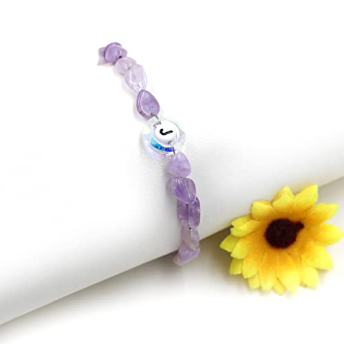Image of Uloveido Purple Natural Stone and Austrian Crystal Letter Bracelet, Personalized Initial Jewelry for Women A-Z 26 Letters