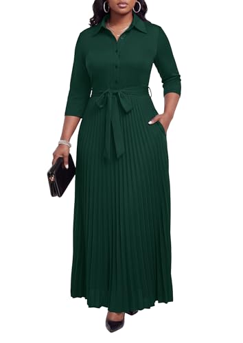 Image of Runwind Maxi Dresses for Women, 3 /4 Sleeve Botton Down Pleated Long Dress with Belt Casual Church Dress with Pockets