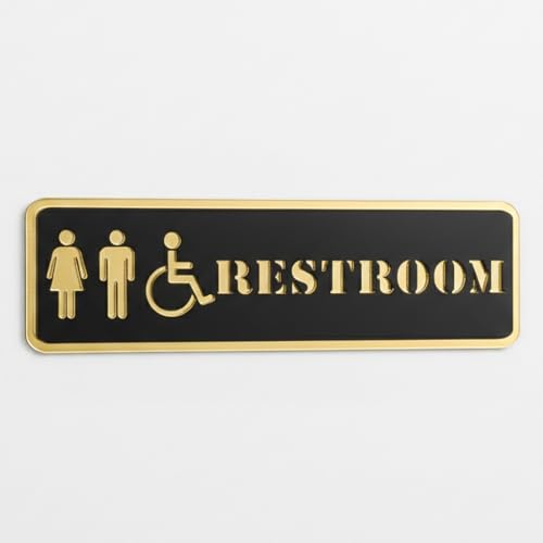 Image of Restroom Oval Acrylic Signage Sticker - Self-Adhesive Toilet Sign for Office, Hotel, Cafe, Restaurant, & Shop Black Gold Label for Glass & Smooth Surfaces