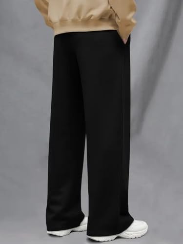 Image of Men's Black Wide Leg Track Pants | Oversized Baggy Loose Fit Trousers for Men | Casual Straight Fit Lower with Elastic Waist for Gym, Travel