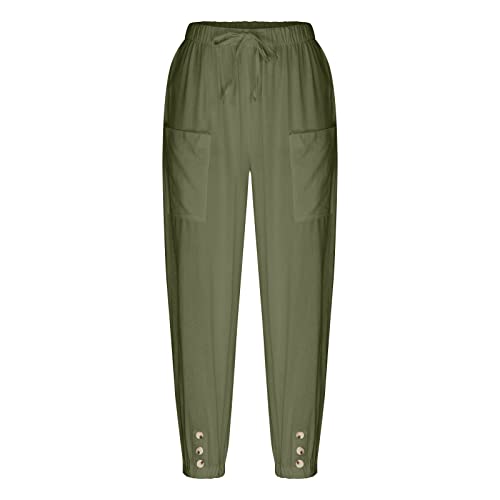 Xunryan Capri Pants Women Casual Summer Elastic High Waist Linen Pants Loose Wide Leg Cargo Pants Crop Trouser With Pockets #TOP5