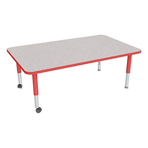 Image of Sprogs Adjustable Height Mobile Classroom Activity Table for Preschools, Rectangle Preschool Activity Table with Casters, 36 inchD x 60 inchW x 23 inchH, Gray /Red