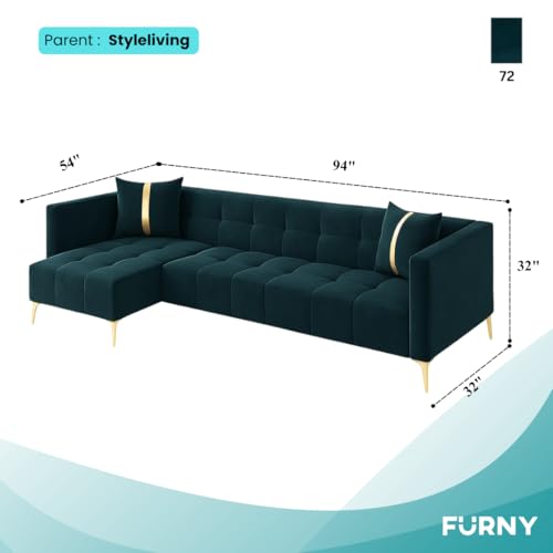 Image of FURNY Styliving 6 Seater Fabric LHS L Shape Sofa Set (Greenish Teal) with Golden Finish Legs | Durable & Comfortable | Ideal for Living Room