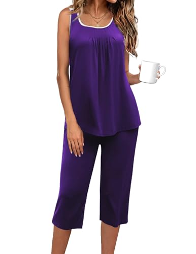 Image of Ekouaer Capri Pajama Sets for Women 2 Piece Soft Cute Pjs Round Neck Sleeveless Lounge Set for Summer Sleepwear S-XXXL