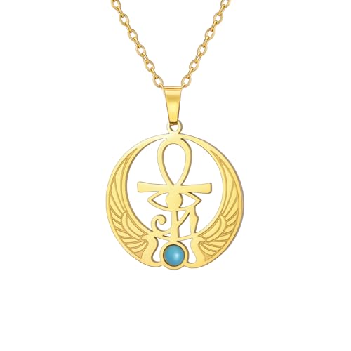 LIKGREAT Collier Égyptien Amulette de Protection Œil d'Horus Ânkh et Scarabée avec Pierre Saphir Bijou Égyptien pour Hommes et Femmes (or)
