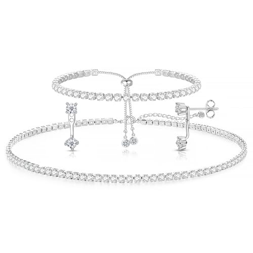Luxval Tennis Necklace Set for Women Tennis Bracelets Diamond Earrings Sterling Silver Necklace Wedding Jewelry for Bride Silver Jewelry Sets for Women Gift
