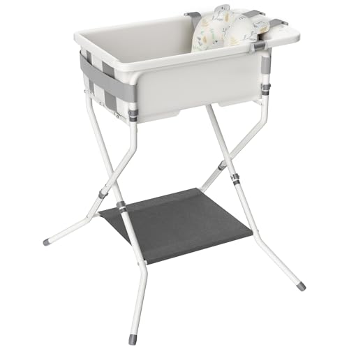iNeibo Baby Badewanne mit Gestell Babybadewanne Faltbar Baby Wanne mit Einsatz Baby Bathtub Ergonomischem Sitz & Abfluss Babywanne Neugeborene 0–36 Monate Platzsparend & Rückenfreundlich Grau