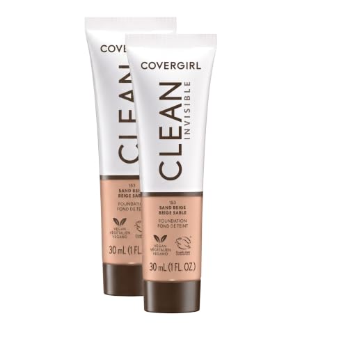 COVERGIRL Clean Invisible Foundation Makeup, Dewy &amp; Glowy Natural Finish, Buildable Coverage, Skin-Like Smooth Look, Vegan, Sand Beige, 1oz (Pack of 2)