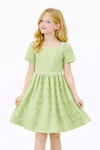 Image of HILEELANG Girls Summer Dress Bow Tie Back A-Line Party Dress for Little Big Girls Short Sleeve Dress with Lining 6-12 Years