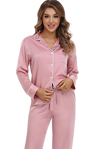 Image of Serenedelicacy Women's Satin Pajama Set Long Sleeve Button Down Sleepwear 2-Piece Silky Pj Set