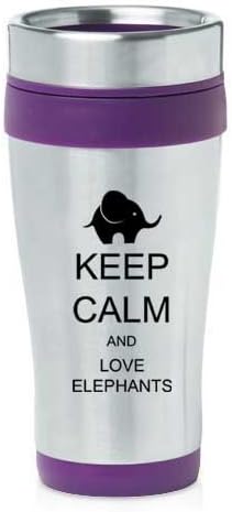 Purple 16oz Insulated Stainless Steel Travel Mug Z407 Keep Calm and Love Elephants
