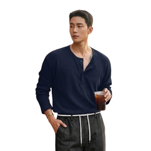 Image of Men's Textured Fabric Solid Color Basic Half-Open Collar T-Shirt, Fall Long Sleeve Men Shirt | Tshirt for Men