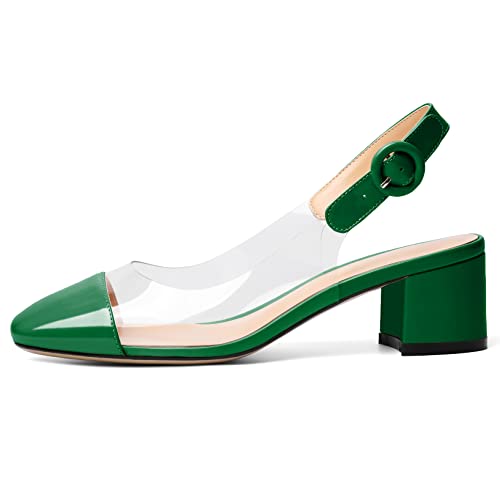 AUMOTED Women's Square Toe Slingback Chunky Heel Pumps Transparent Block Ankle Strap Mid Heels Party Dress Shoes 2 Inches2