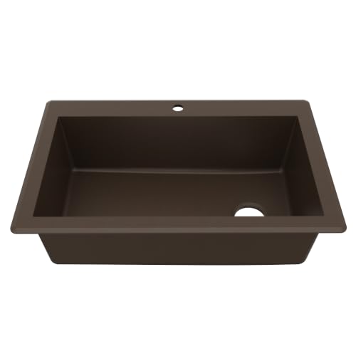 Karran QT-670 Drop-In/Top Mount 33" Single Bowl Granite Quartz Composite Kitchen Sink in Brown Right Side Drain, Extra Deep 9" Basin, Heat & Scratch Resistant, Sound Dampening
