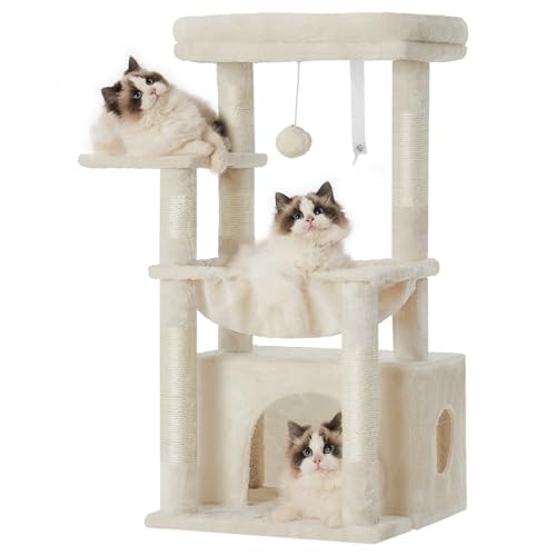 Heybly Cat Tree, Kitten Tower with Large Soft Cat Basket, Cat Condo with Spacious Cat Bed Cave with Hidden Space, Sisal-Covered Scratching Posts, Dangling Ball for Indoor Cats, Beige HCT008SM