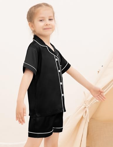 SWOMOG Kids Satin 2 Piece Pyjamas Sets Soft Short Sleeve Teen Girls Boys Sleepwear Button Down Top and Shorts Age 12-13,Black - Image 2