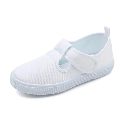 Chaussures de sport respirantes blanches pour enfants en toile - Chaussures de maternelle légères avec fermeture à crochet et boucle pour garçons et filles, pour la...