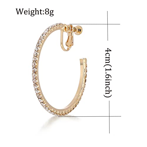 Laxpicol Fashion Sparkly Austrian Circle Hoop Earrings Clip On Earrings For Women Girls No Piercing Earrrings Golden Tone 1.6"*1.6" #TOP2