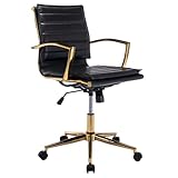 CIMOO Black Leather Office Chair Small Desk Chair Gold Executive Office Chair with Wheels Swivel Arm