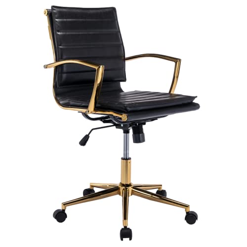 Cimoo Black Leather Office Chair Small Desk Chair Gold Executive Office Chair With Wheels Swivel Arm Chair Retro Task Chairs #TOP20
