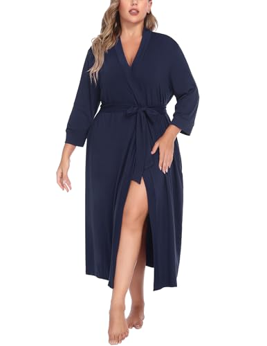 Image of IN'VOLAND Womens Plus Size Kimono Robes Long Knit Bathrobe V Neck Ladies Loungewear Lightweight Soft Sleepwear 1X-5X