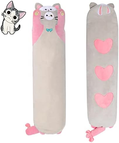 Luminar bowo Long Cat Plush Kawaii Body Pillow， 35.4”Soft PP Cotton Filling Cartoon Cute Plushies Pillow for Children Funny Stuffed Animals for Girls Gifts(Pink