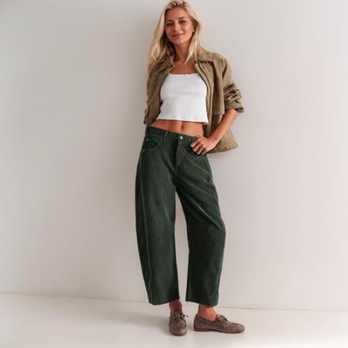 Corduroy Pants for Women Barrel Pants Elastic Waist Mid Rise Cropped Pants Casual Baggy Pants with Pockets2