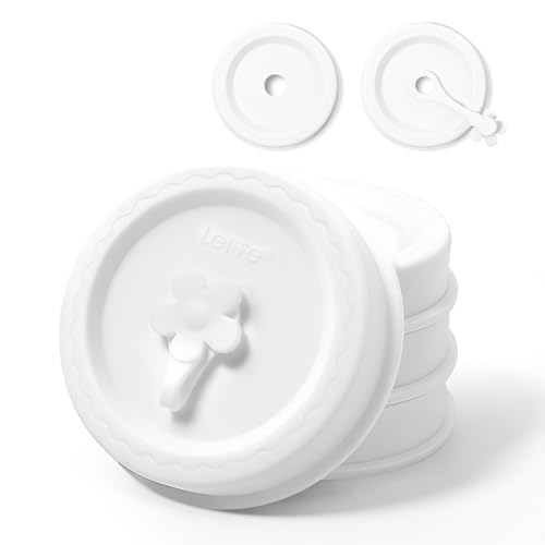 Lelife Silicone Mason Jar Lids, Regular and Wide Mouth Compatible, with Straw Hole and Stopper (white color 4pcs)