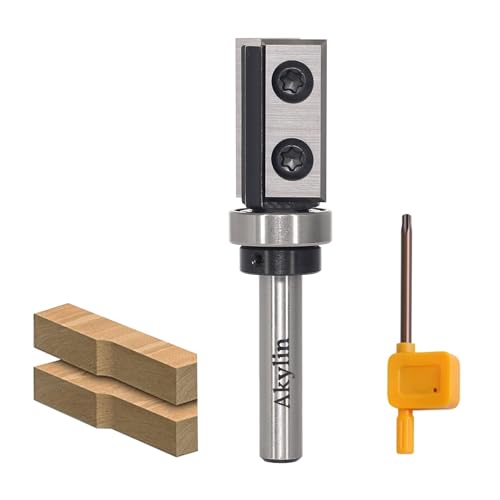 Akylin Fresa de enrasado con placa reversible de 8 mm de vástago, hoja intercambiable de 4 lados de carburo cementado, fresa de enrasado para fresadora con rodamientos, fresadora de madera para el