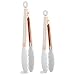 COOK with COLOR Stainless Steel Silicone Tipped Kitchen Food BBQ and Cooking Tongs Set of Two 9” and 12” for Non Stick Cookware, BPA Fee, Stylish, Sturdy, Locking, Grill Tongs, Rose Gold and White