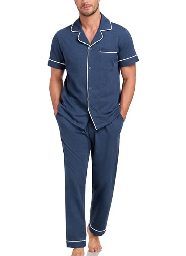 EA'S SECRET Mens Pajamas Set 100% Cotton Soft Button Pajamas for Men Short Sleeve Sleepwear 2 Piece Lounge Pjs Sets