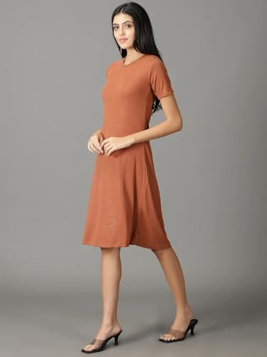 Image of SHOWOFFFF Women Embellished A-Line Party Dress | Round Neck Half Sleeves Jersey Dress for Womens | Knee Length Dress for Women's