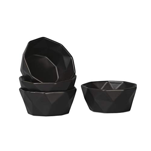 BonNoces 6 Oz Porcelain Dessert Bowls Matte Geometric Bowls Set Creme Brulee Small Side Dishes for Baking Souffle Pudding Cereal Soup Fruit Ice Cream Set of 4 Matte Black