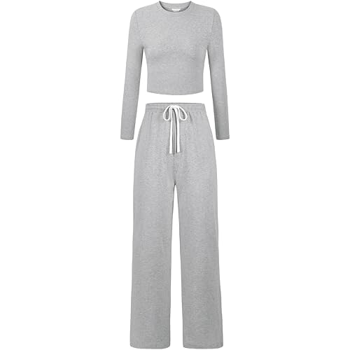 Women's 2 Piece Lounge Sets Cotton Long Sleeve Crop T Shirt Straight Leg Pants Set Casual Outfits Comfy Loungewear