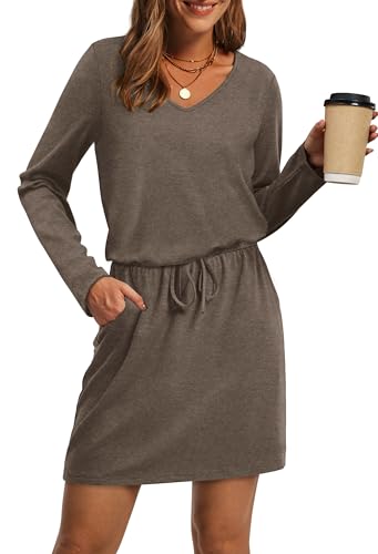 OFEEFAN Fall Dresses for Women 2025 Loose V Neck Long Sleeve T Shirts Casual Sundresses Tie Front A-Line Dresses