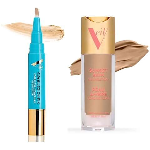Veil Cosmetics | 1 Complexion Fix Concealer | 1 Sunset Skin Liquid Foundation | Shade 2G | Oil-Free, Liquid, Lightweight & Buildable Coverage | Vegan | Cruelty, Paraben, & Fragrance Free Cover