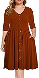 BEDOAR Women's Casual Plus Size Dress V-Neck Knee-Length A-Line Party Cocktail Swing Dress with Pockets, Brown, 14 Plus